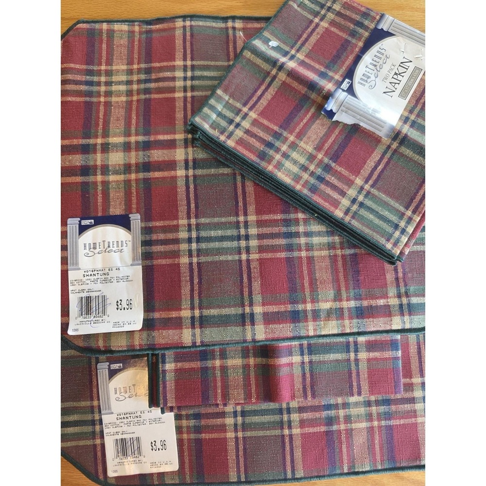 Red White & Blue Plaid PLACEMAT AND NAPKIN Set 8  100% Cotton NWT Made In USA